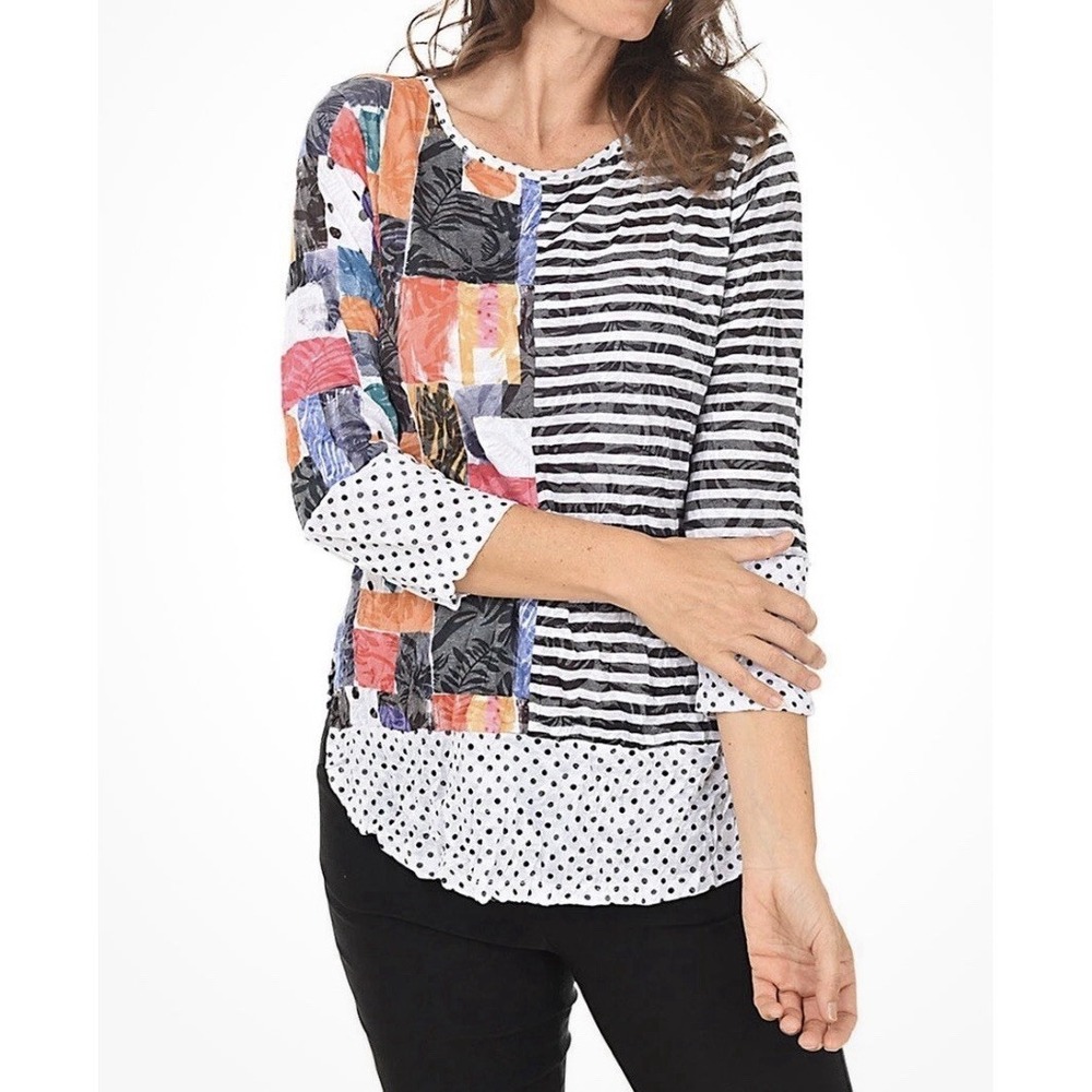 SHANA Patchwork Polka Dot Crinkle Top M Colorful Artsy Travel Vacation